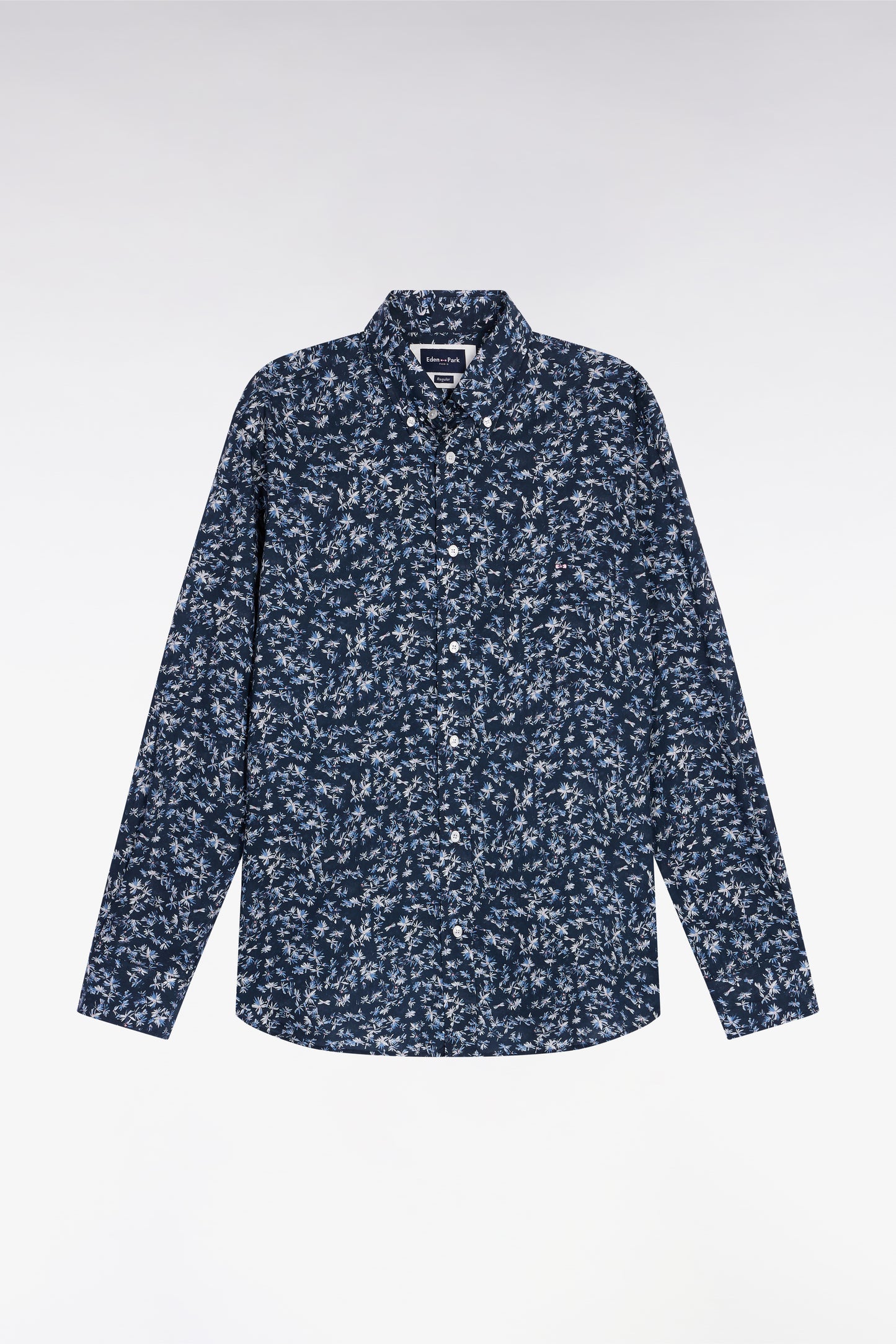 Straight-cut navy cotton shirt with floral micropatterns
