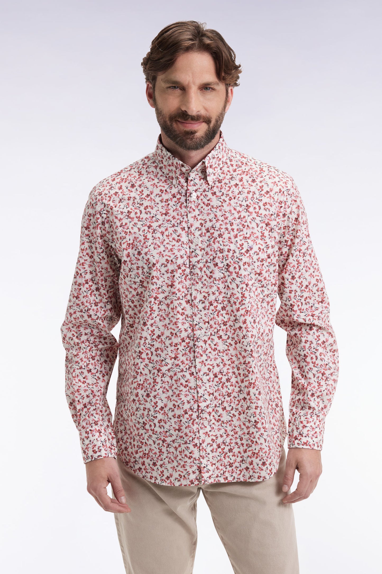 Cotton poplin shirt with red floral micropatterns, straight cut