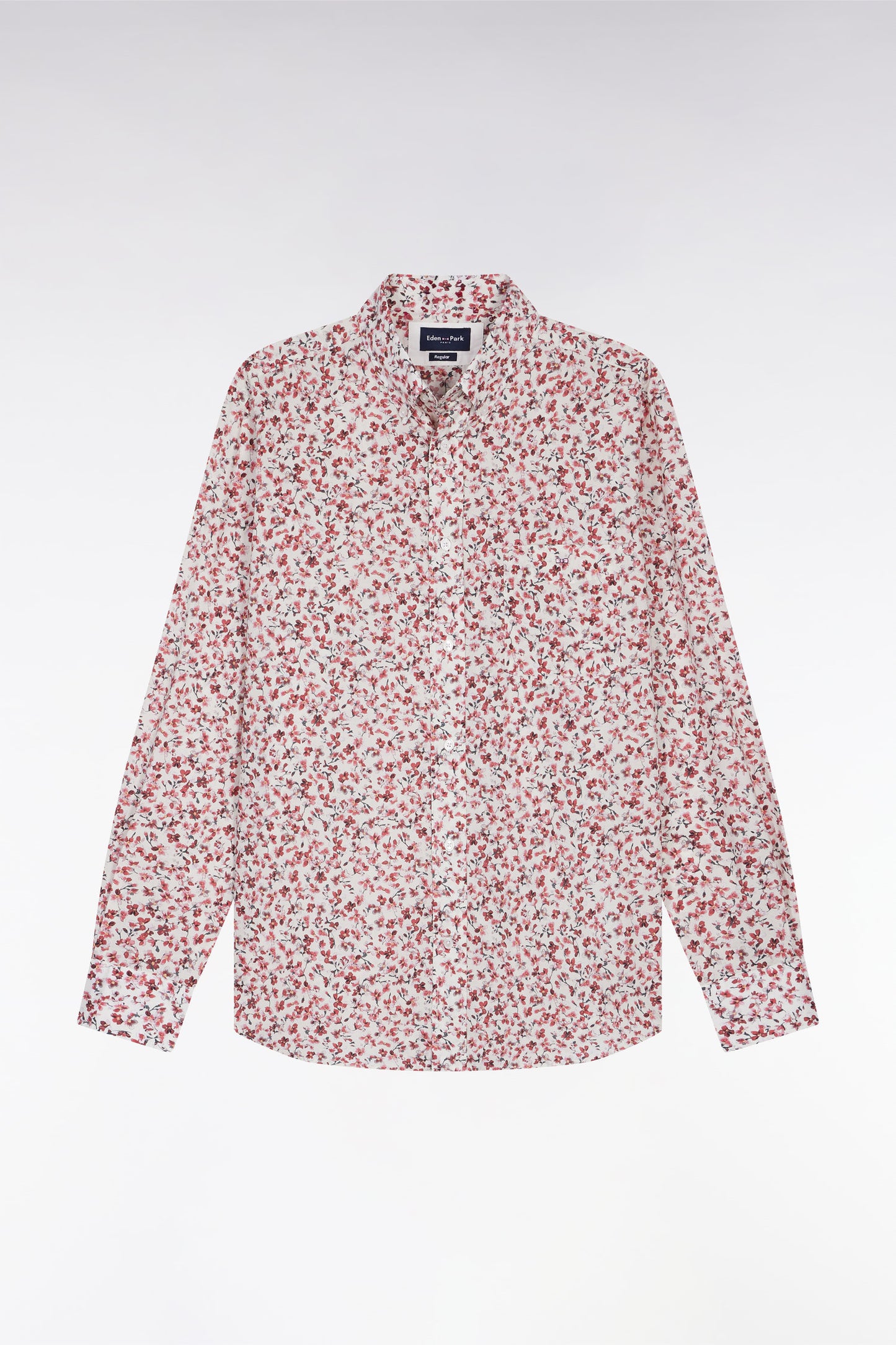 Cotton poplin shirt with red floral micropatterns, straight cut