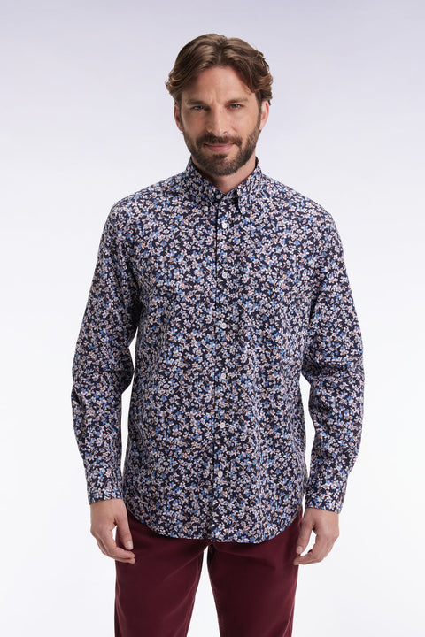Cotton poplin shirt with blue floral micropatterns, straight cut - Image 3