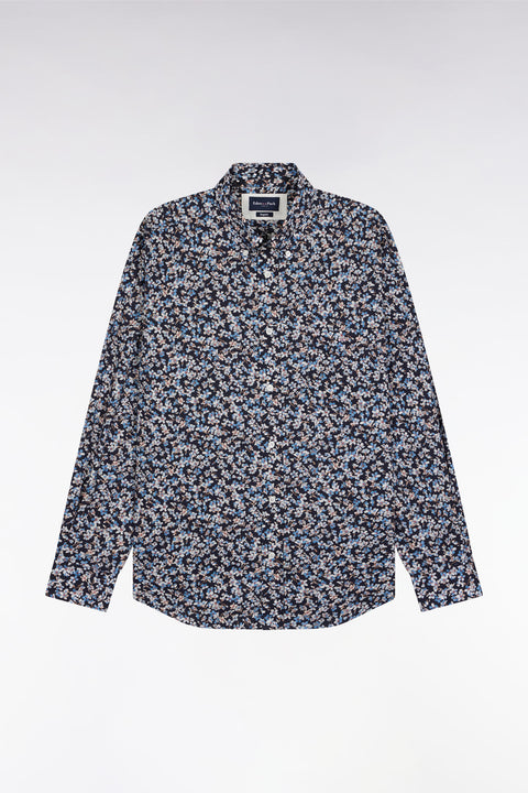 Cotton poplin shirt with blue floral micropatterns, straight cut - Image 2