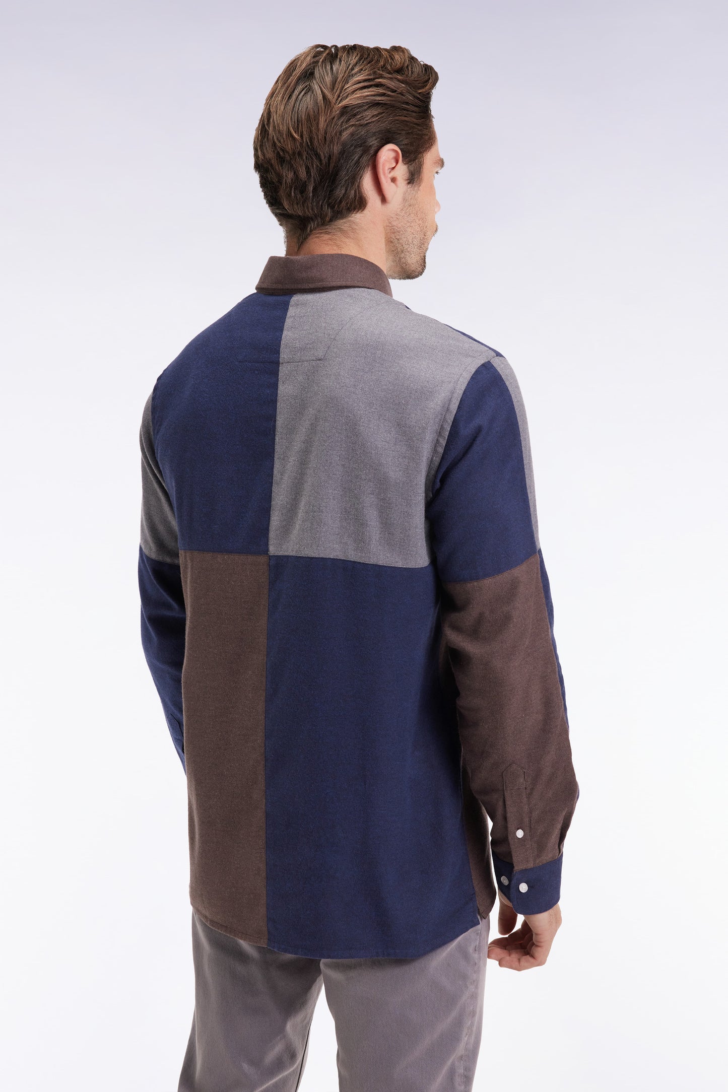 Three-tone navy cotton flannel shirt, straight cut
