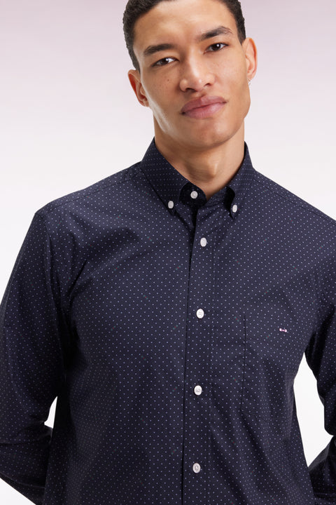 Navy Pima cotton shirt with micro-polka dots, straight cut - Image 1