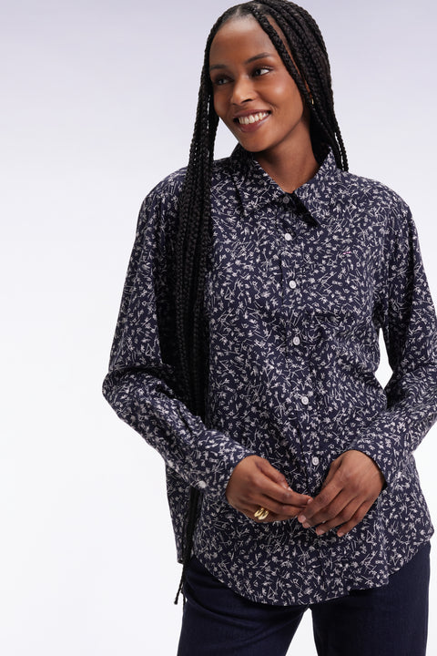 Slim-fit shirt in navy cotton poplin with micro-patterns - Image 1
