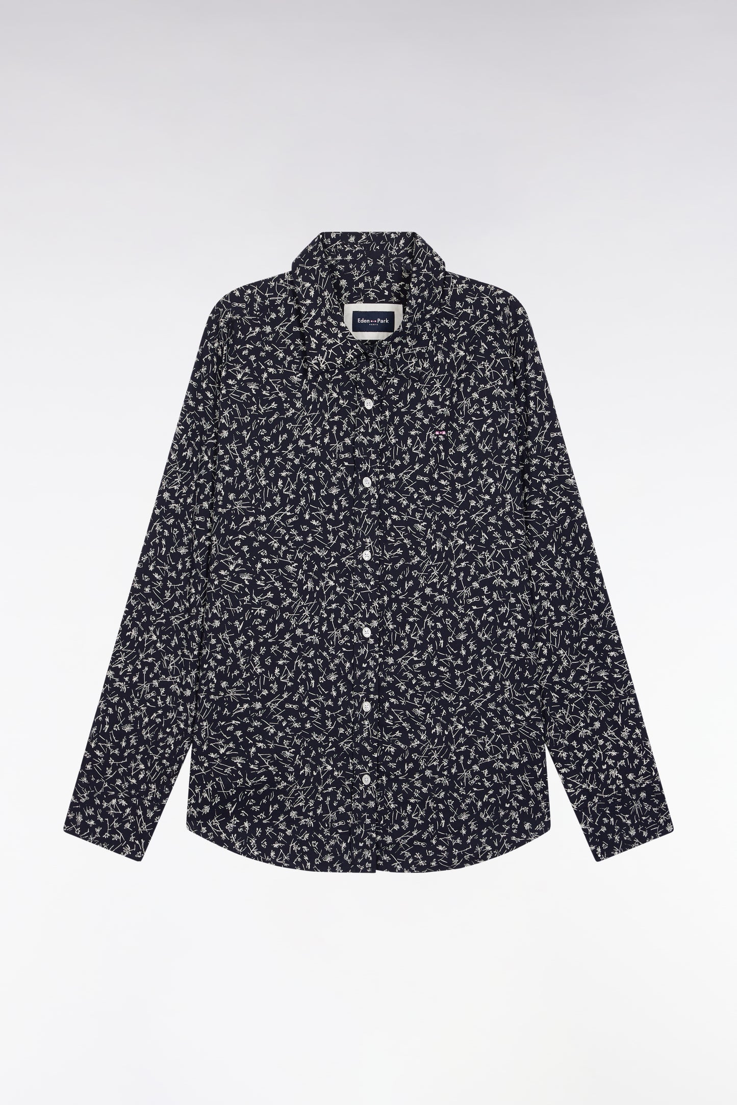 Slim-fit shirt in navy cotton poplin with micro-patterns