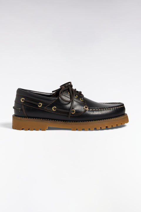 Boat shoes in smooth black leather with beige soles - Image 1