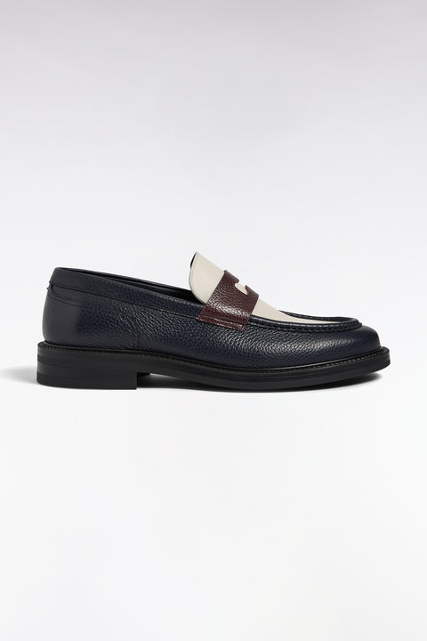 Off-white and brown navy grained leather loafers - Image 1