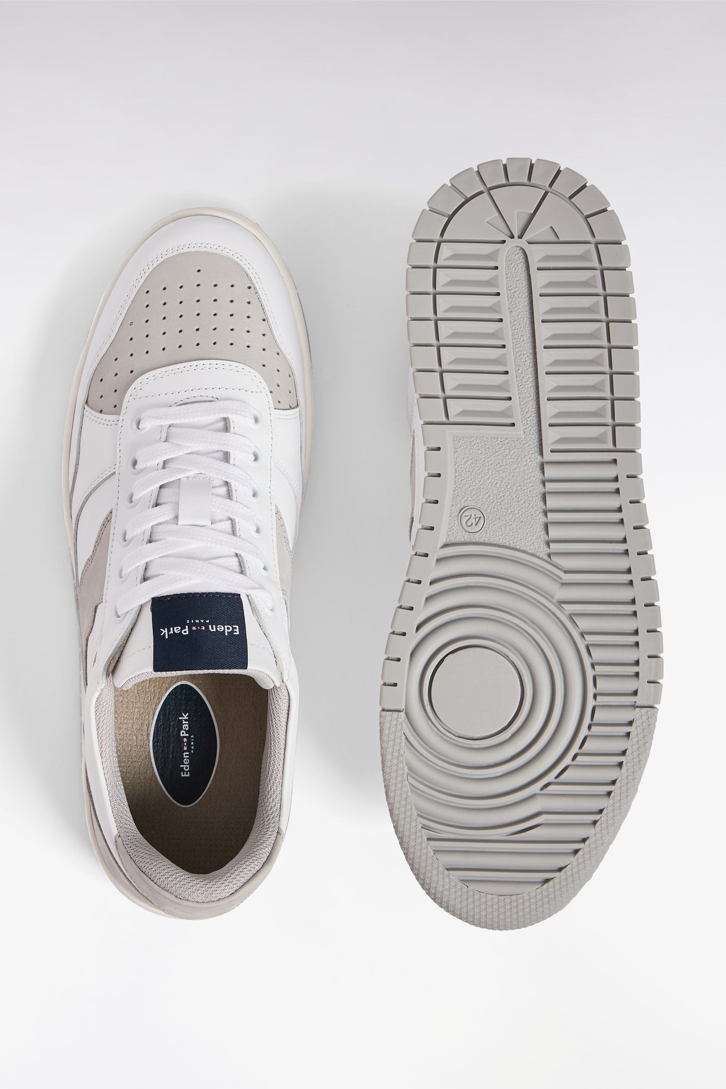 Two-tone leather and suede sneakers in gray and white