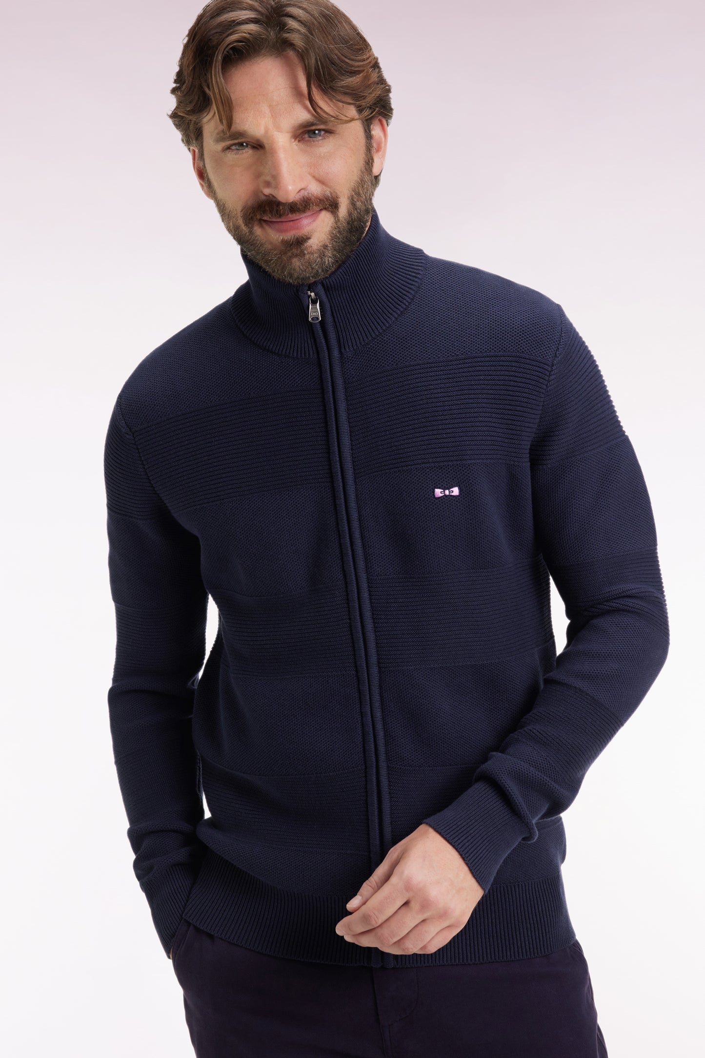 Cardigan zippé en coton nid d'abeille marine coupe droite