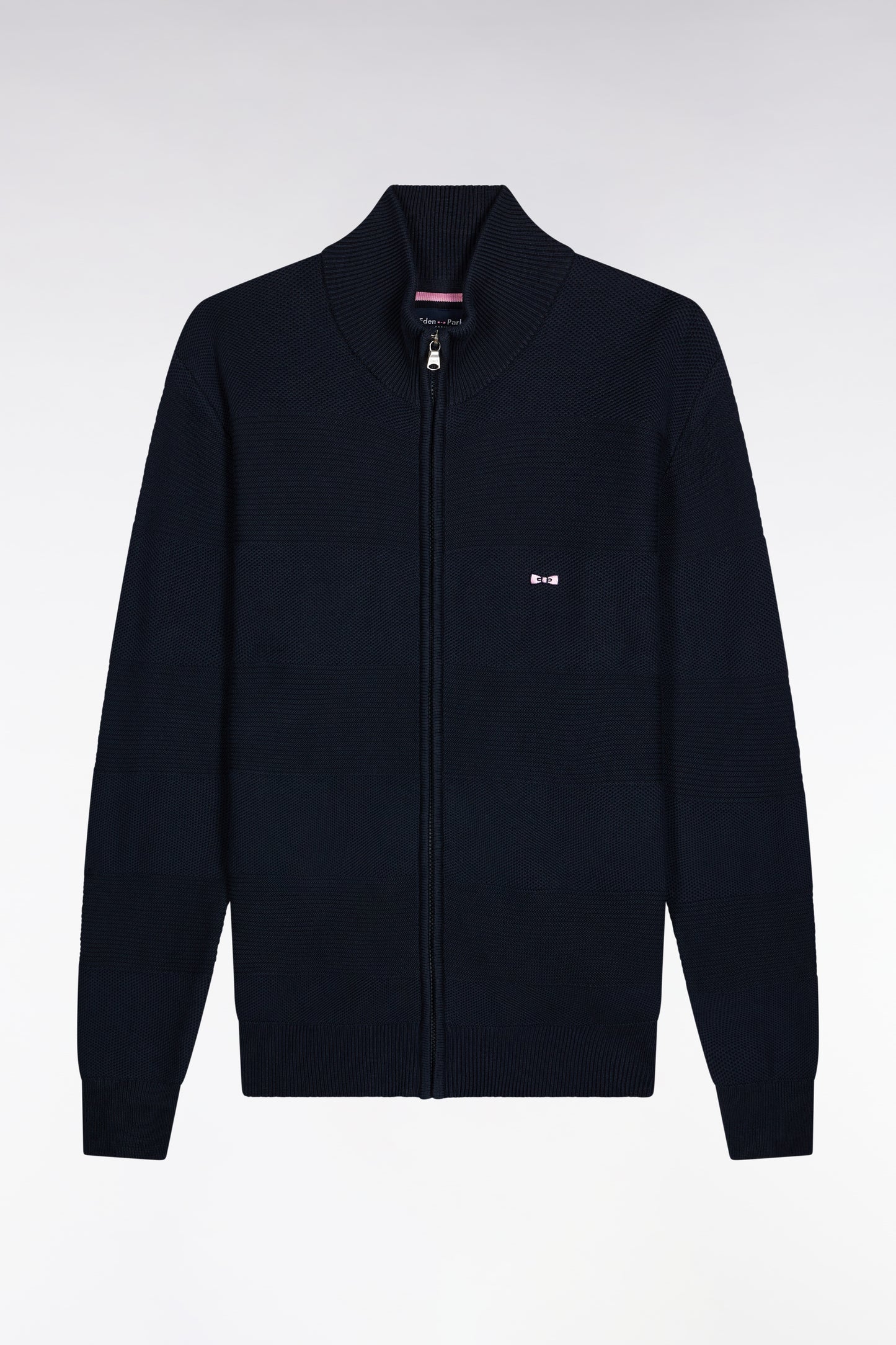 Cardigan zippé en coton nid d'abeille marine coupe droite