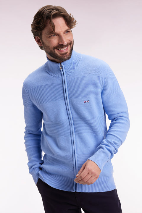 Zip-up cardigan in sky cotton honeycomb, straight cut - Image 1