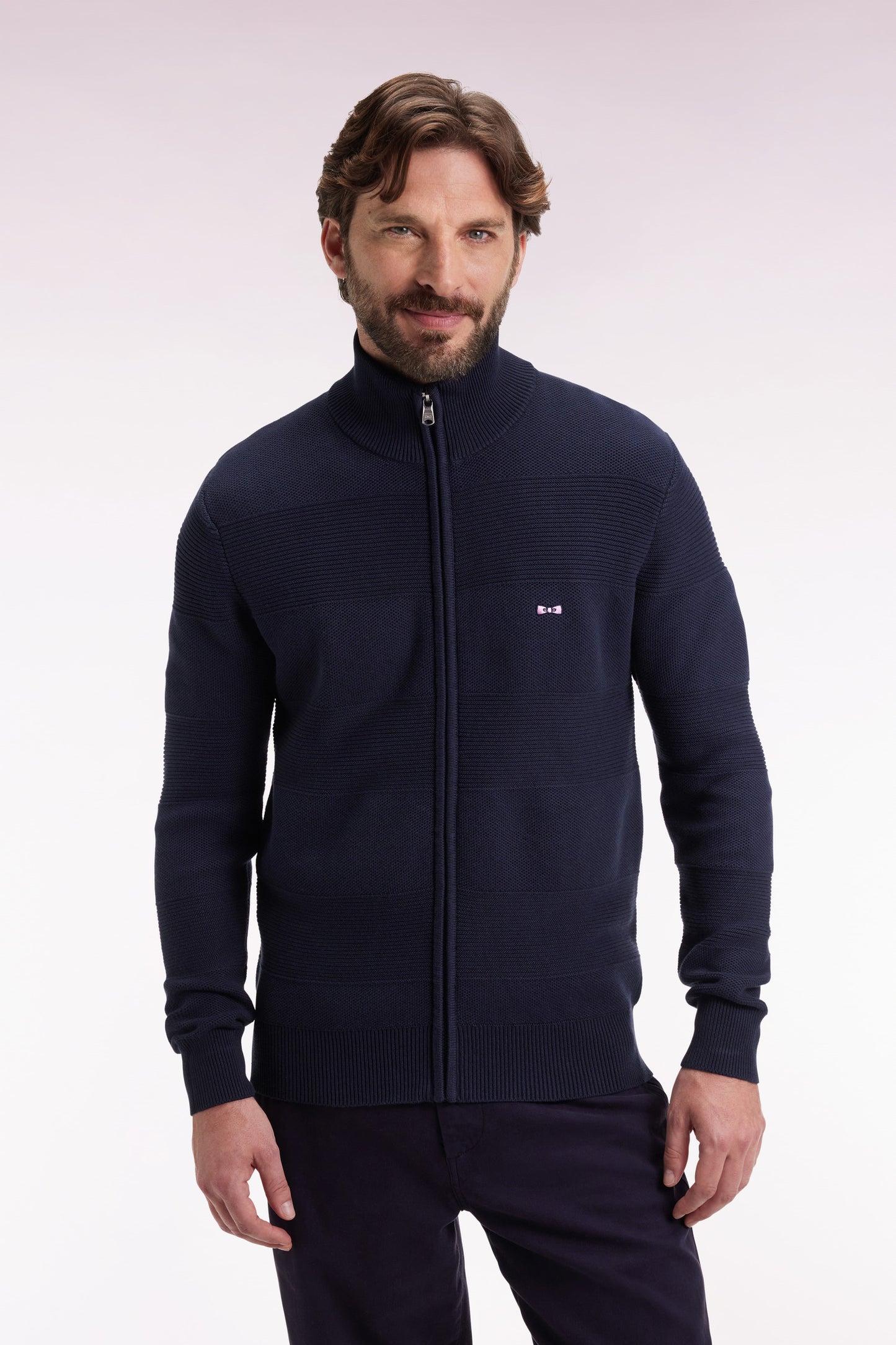 Cardigan zippé en coton nid d'abeille marine coupe droite