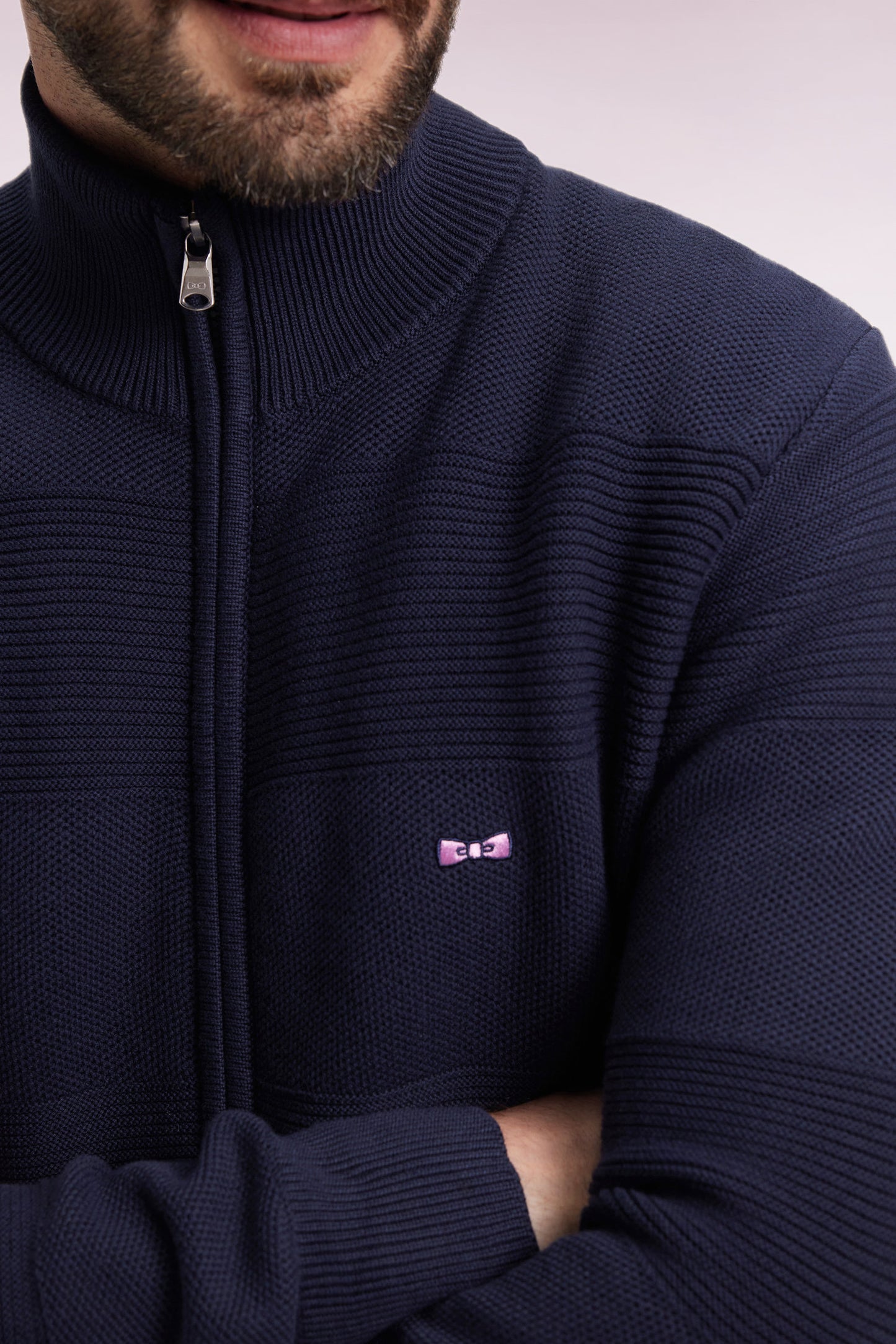 Cardigan zippé en coton nid d'abeille marine coupe droite