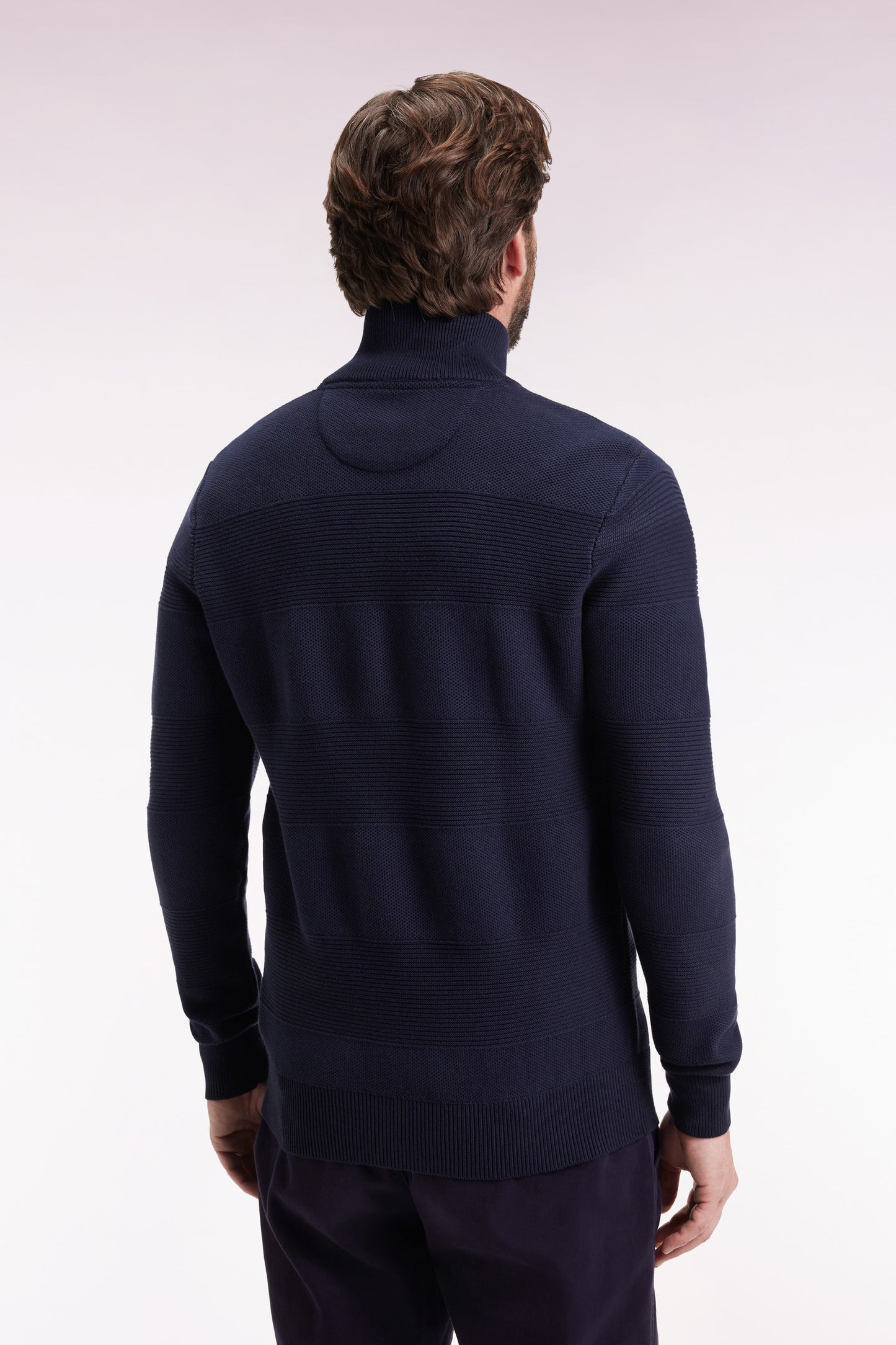 Cardigan zippé en coton nid d'abeille marine coupe droite