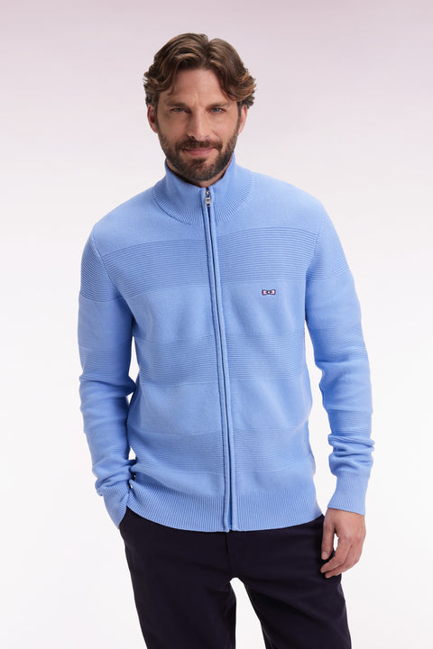 Zip-up cardigan in sky cotton honeycomb, straight cut - Image 3