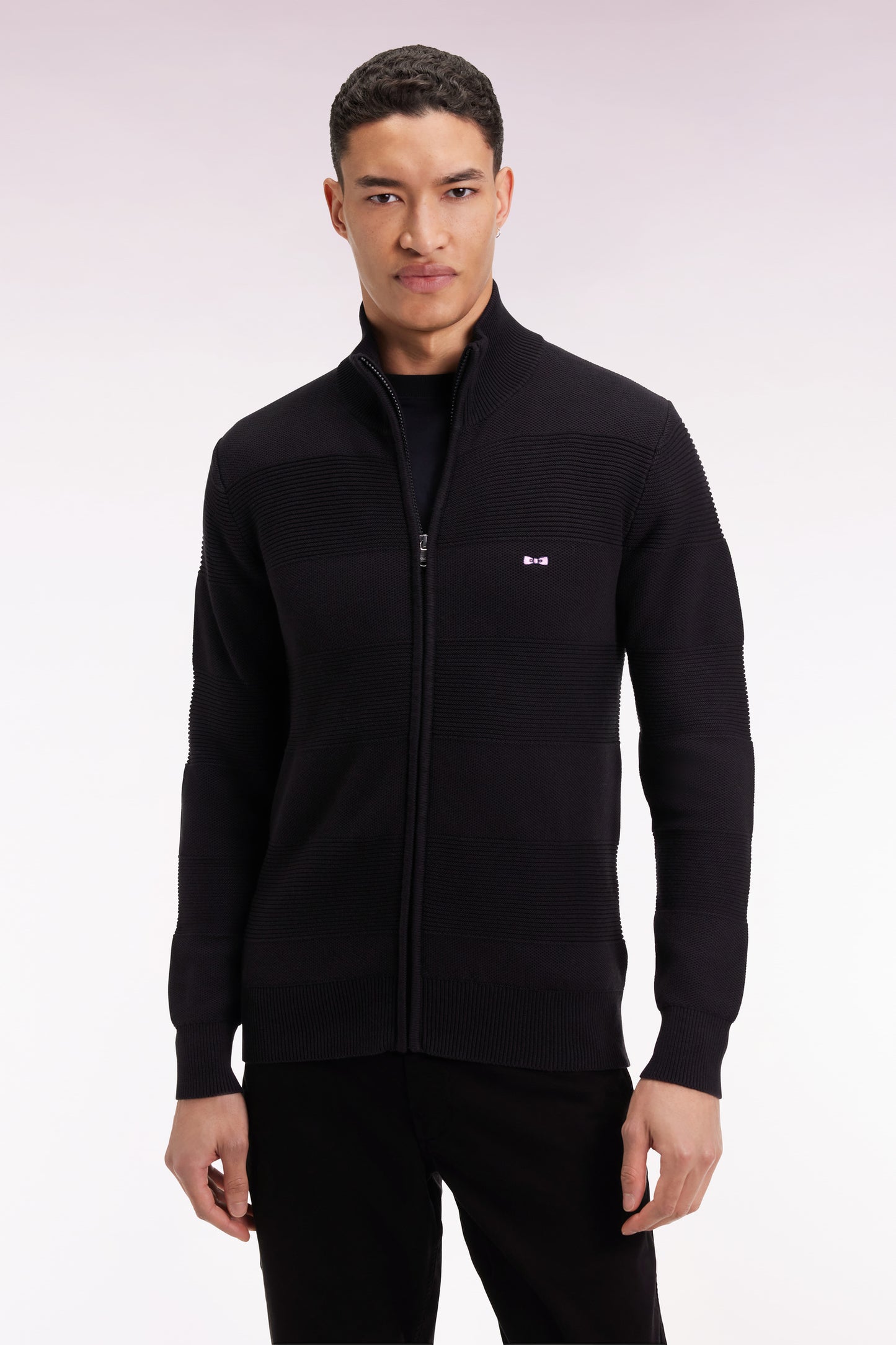 Cardigan zippé en coton nid d'abeille noir coupe droite