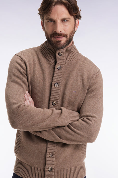 Camel wool and cotton cardigan with stand-up collar - Image 1