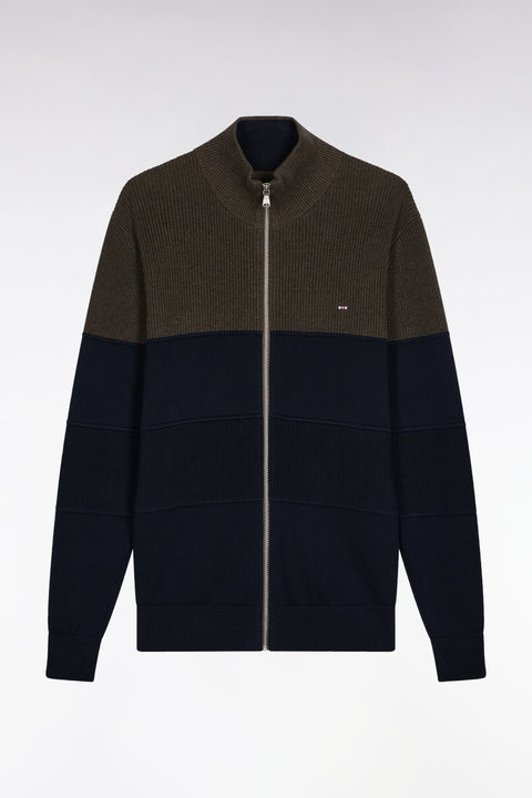 Zipped cardigan in two-tone navy and brown cotton, straight cut - Image 2
