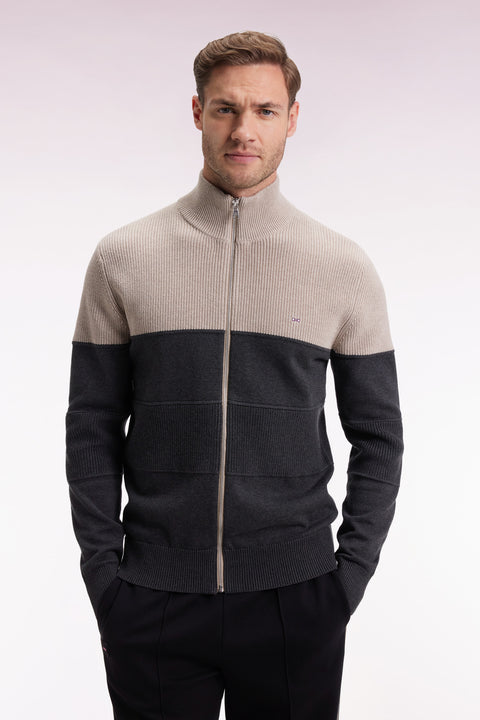 Zipped cardigan in two-tone beige and grey cotton, straight cut - Image 3