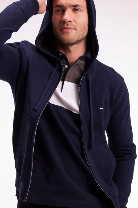Navy cotton zip-up hoodie, straight cut - Image 1