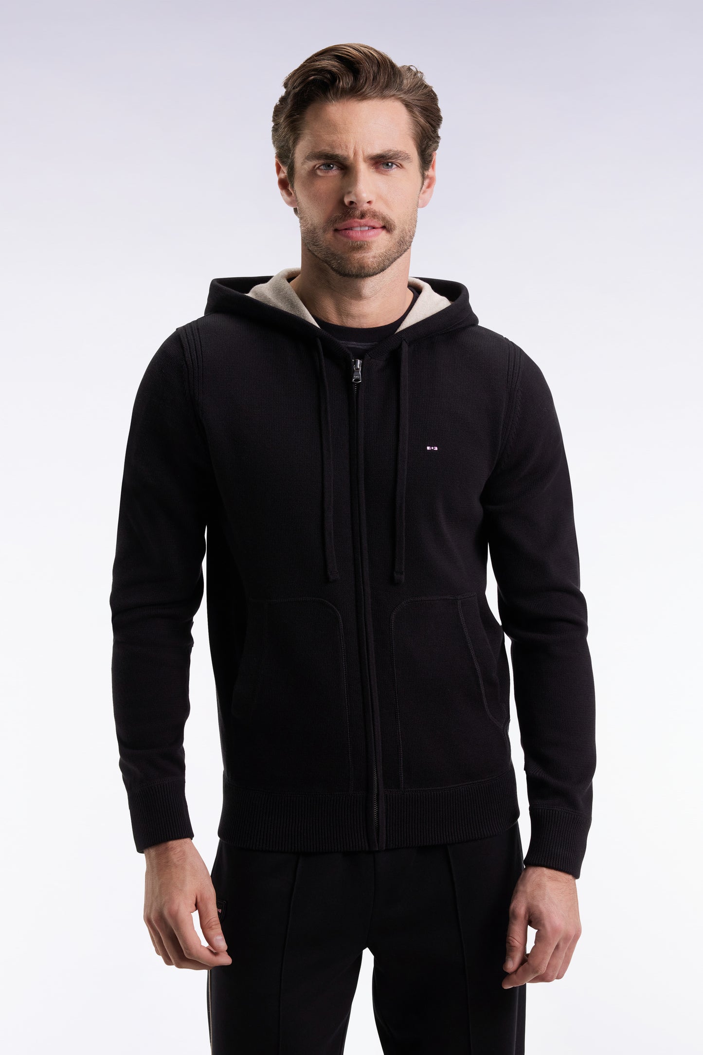 Black cotton zip-up hoodie, straight cut