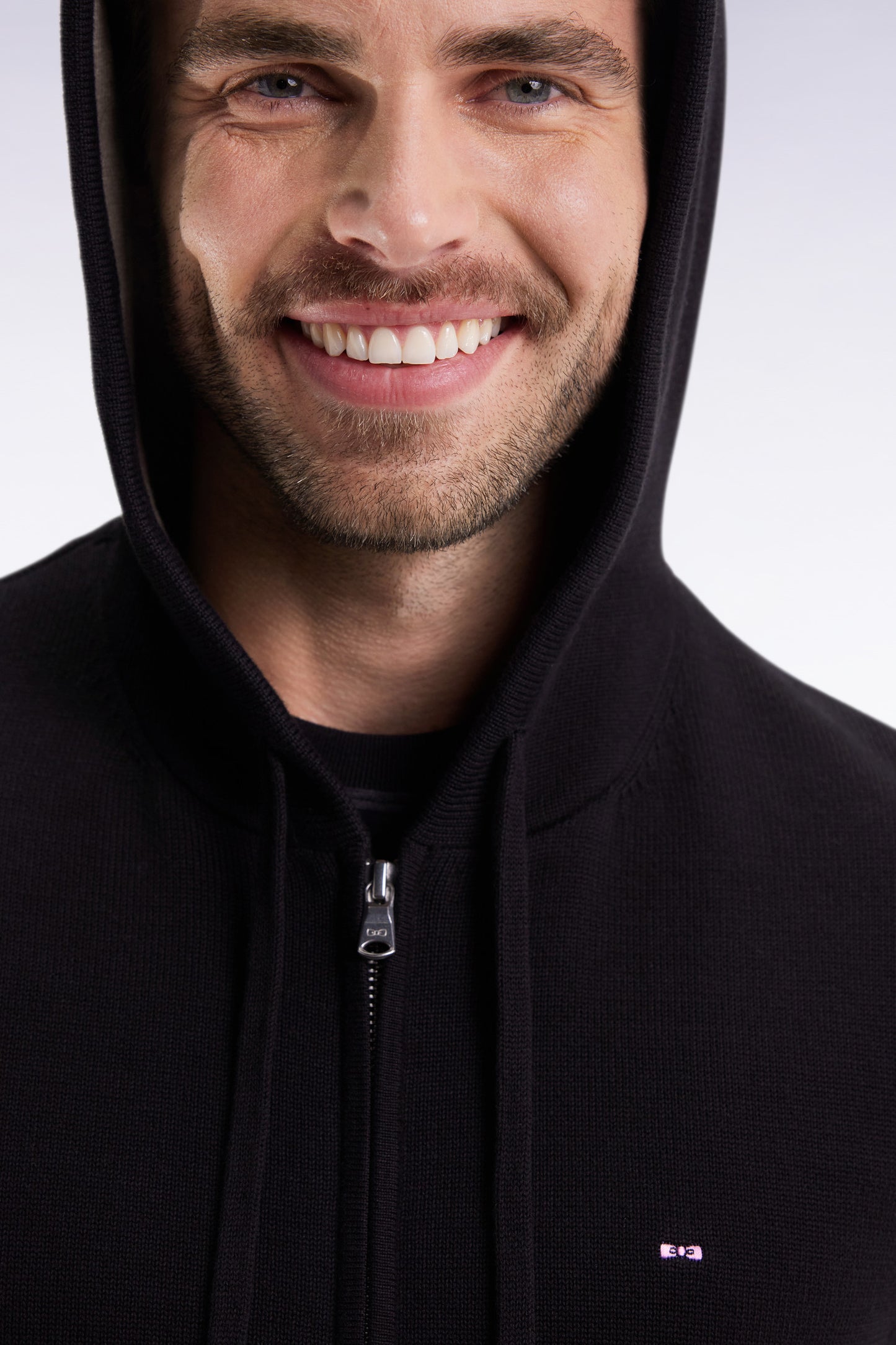 Black cotton zip-up hoodie, straight cut