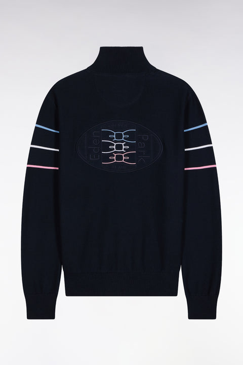 Navy cotton zipped cardigan with coloured piping, straight cut - Image 2