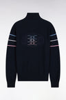 Navy cotton zipped cardigan with coloured piping, straight cut