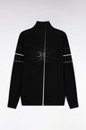 Zipped cardigan in black cotton with coloured piping, straight cut