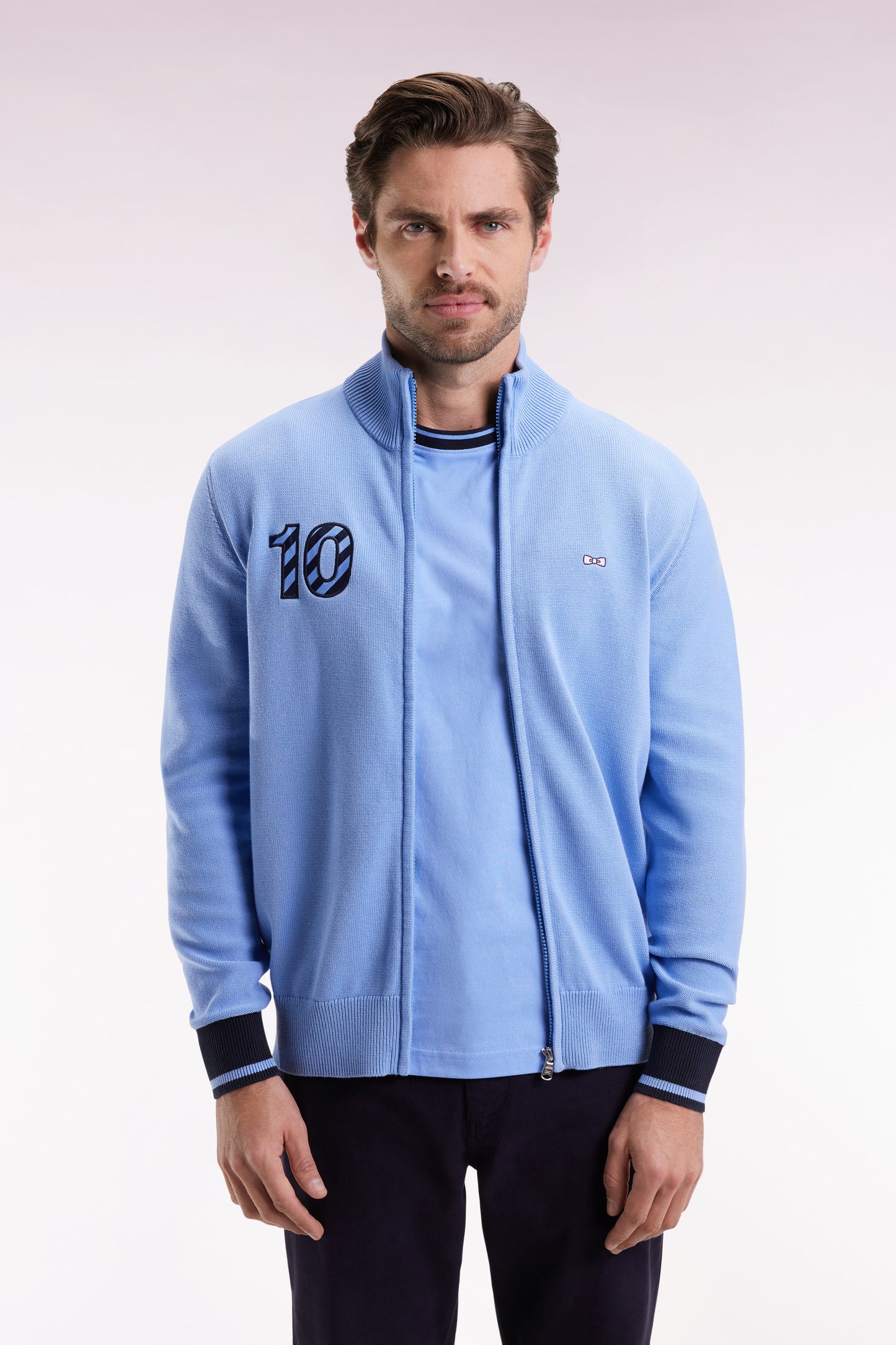 Navy cotton embroidered 10 sky straight-cut zipped cardigan
