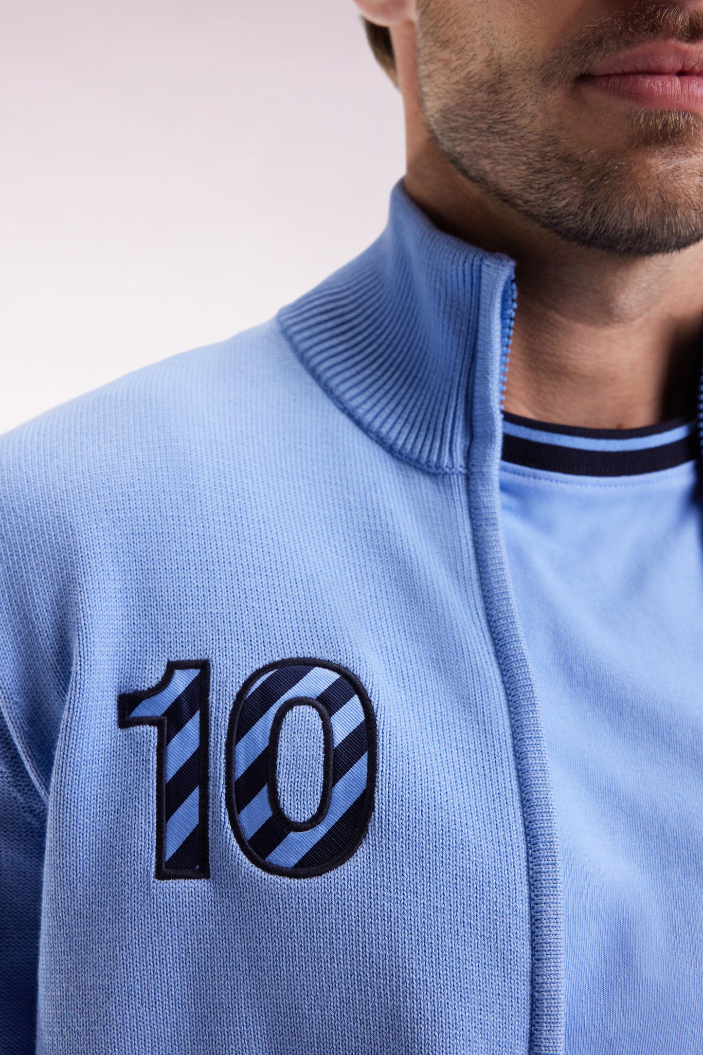 Navy cotton embroidered 10 sky straight-cut zipped cardigan
