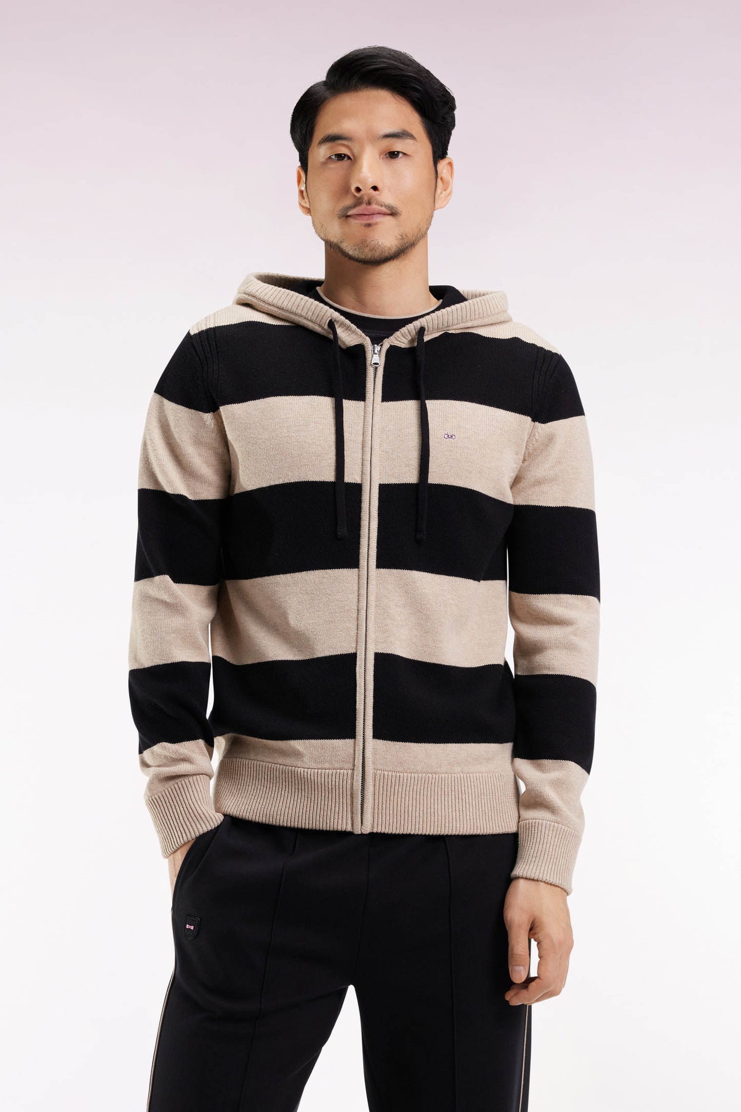 Navy and beige striped wool and cotton zip-up hoodie, straight cut