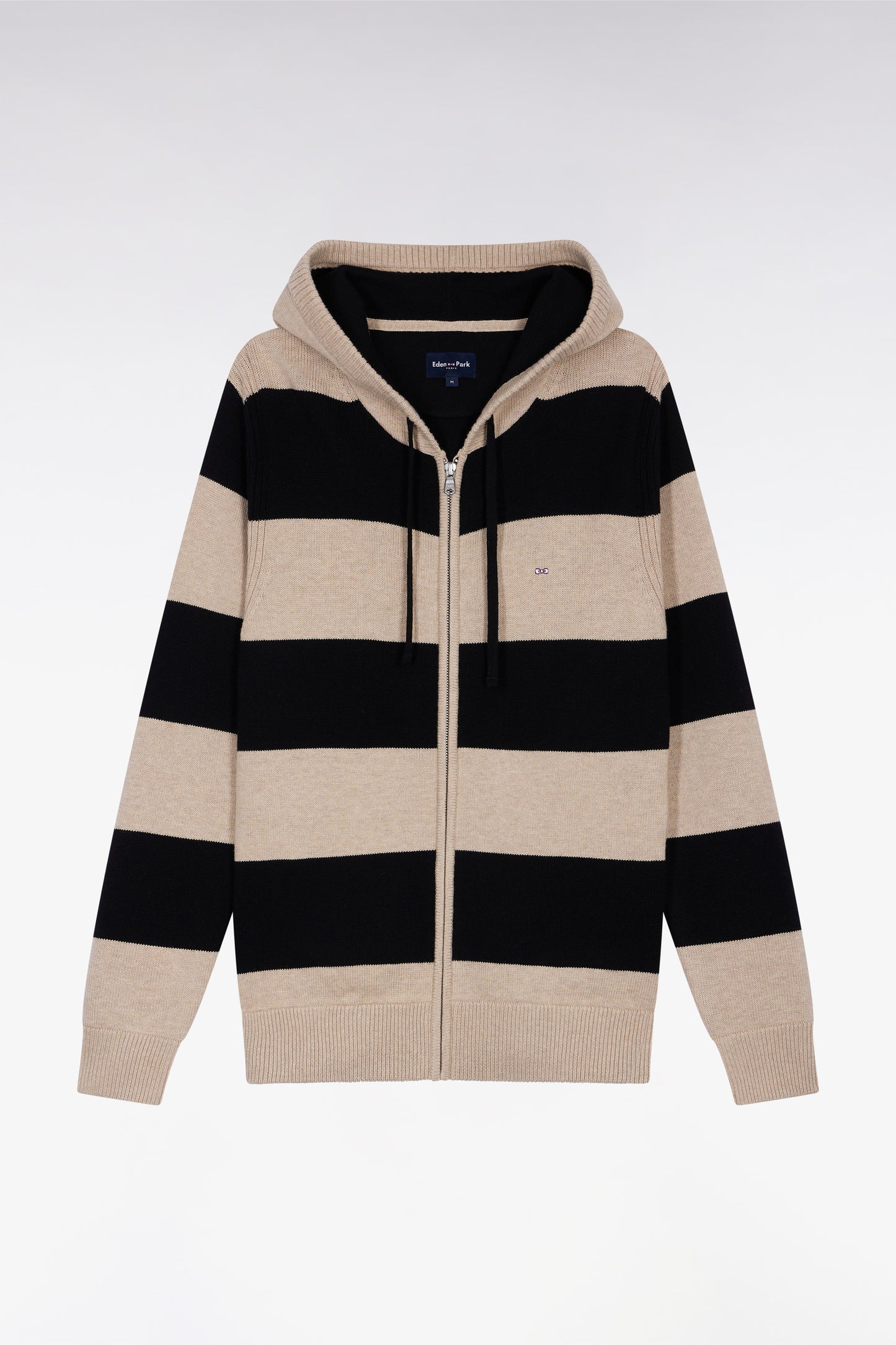 Navy and beige striped wool and cotton zip-up hoodie, straight cut