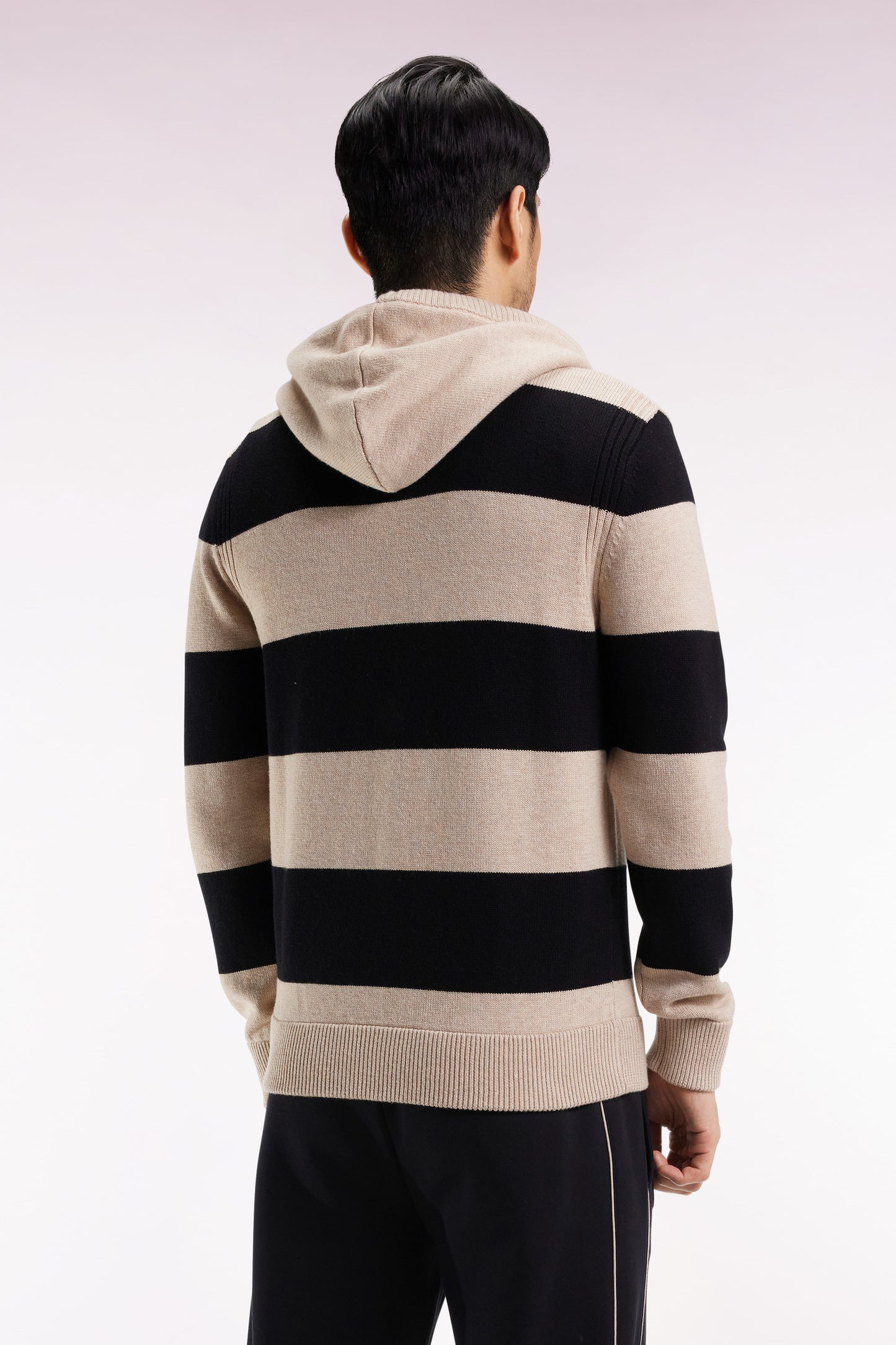 Navy and beige striped wool and cotton zip-up hoodie, straight cut
