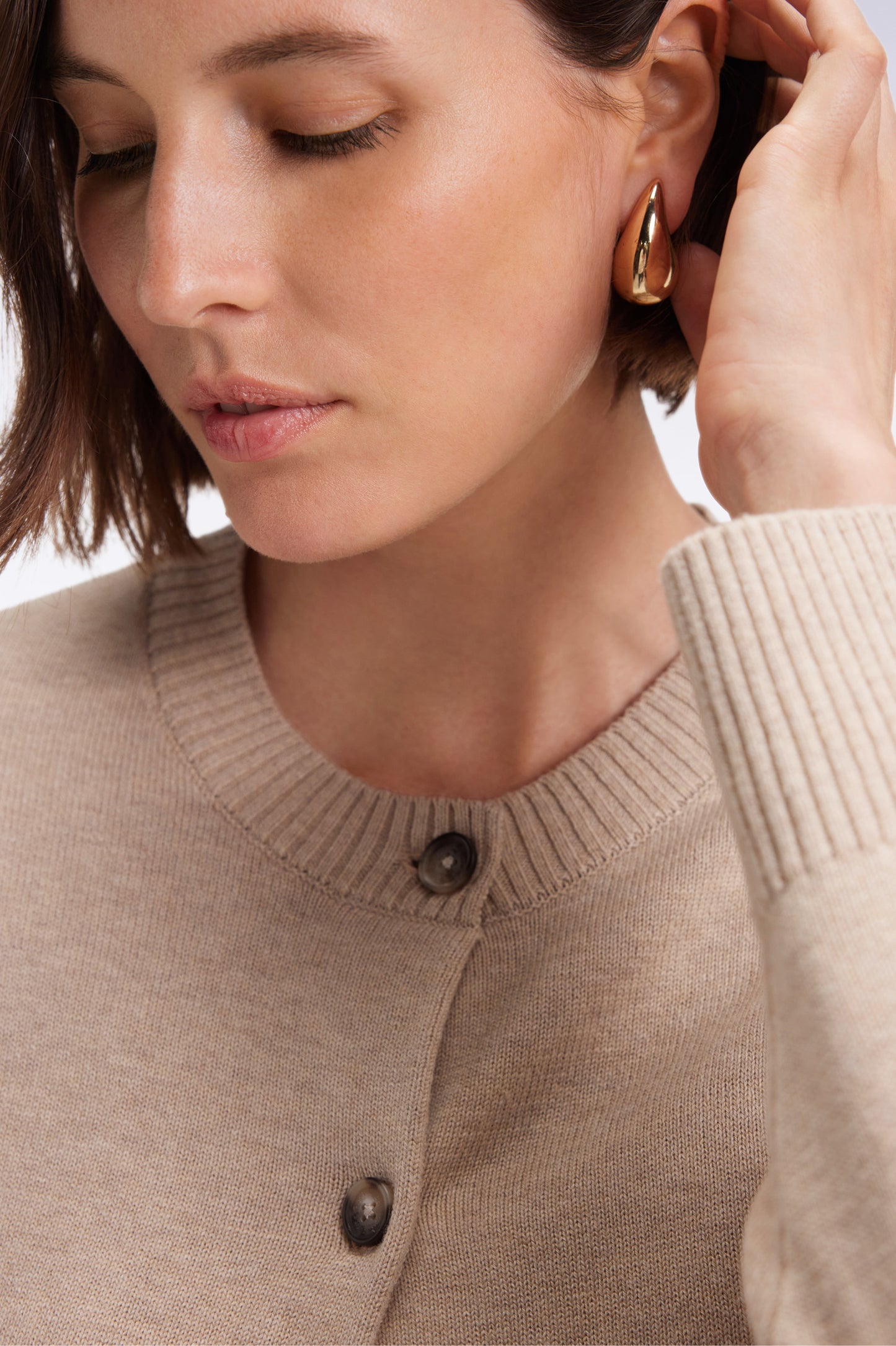 Cardigan en laine et coton beige coupe Relaxed