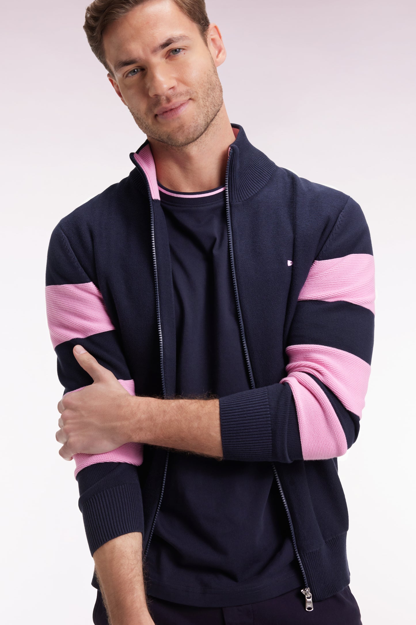 Navy cotton zipped cardigan with stripes of pink sleeves, straight cut