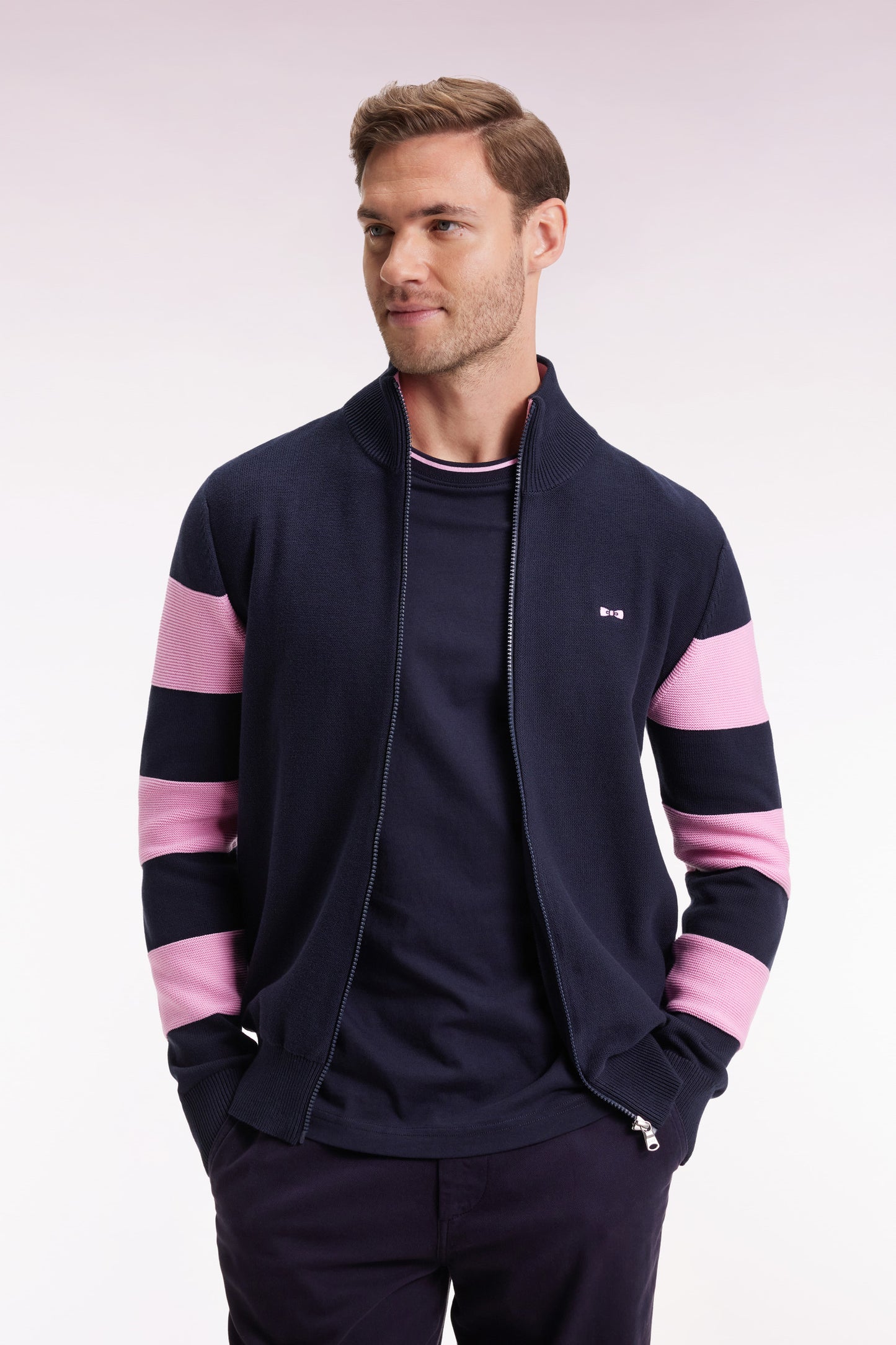Navy cotton zipped cardigan with stripes of pink sleeves, straight cut