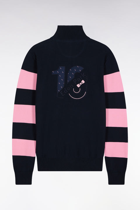 Cardigan zippé en coton marine à rayures de manches roses coupe droite - Image 2