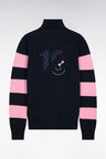 Navy cotton zipped cardigan with stripes of pink sleeves, straight cut