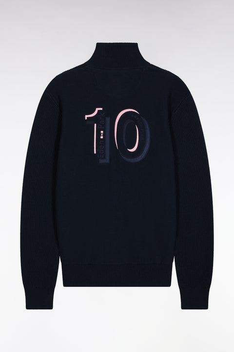 Zipped cardigan in navy cotton with pink stripes, straight cut - Image 2