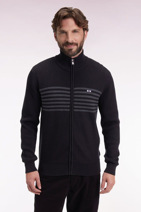 Zipped cardigan in black cotton with grey stripes, straight cut - Image 3