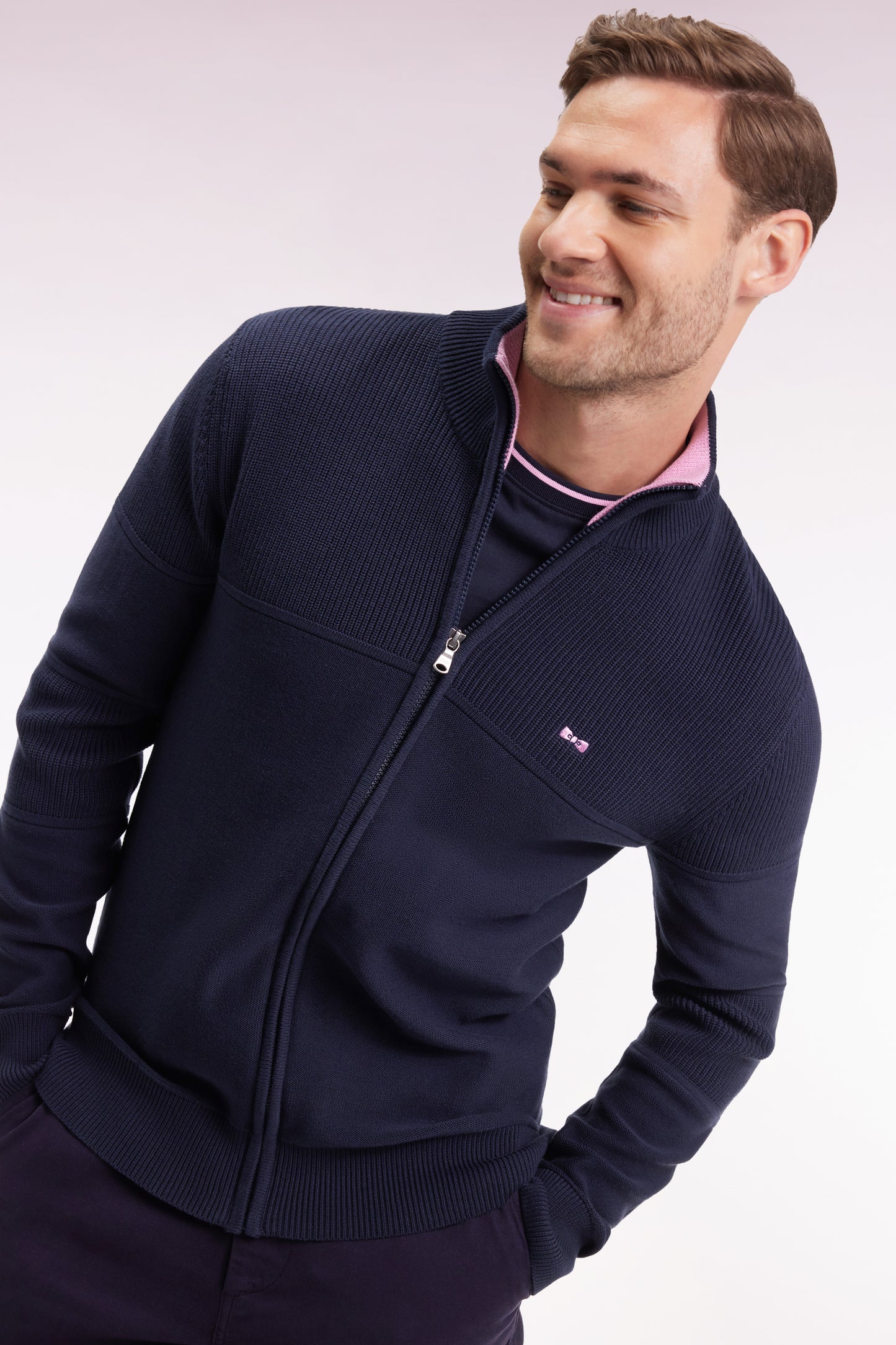 Zipped cardigan in navy cotton with pink back embroidery