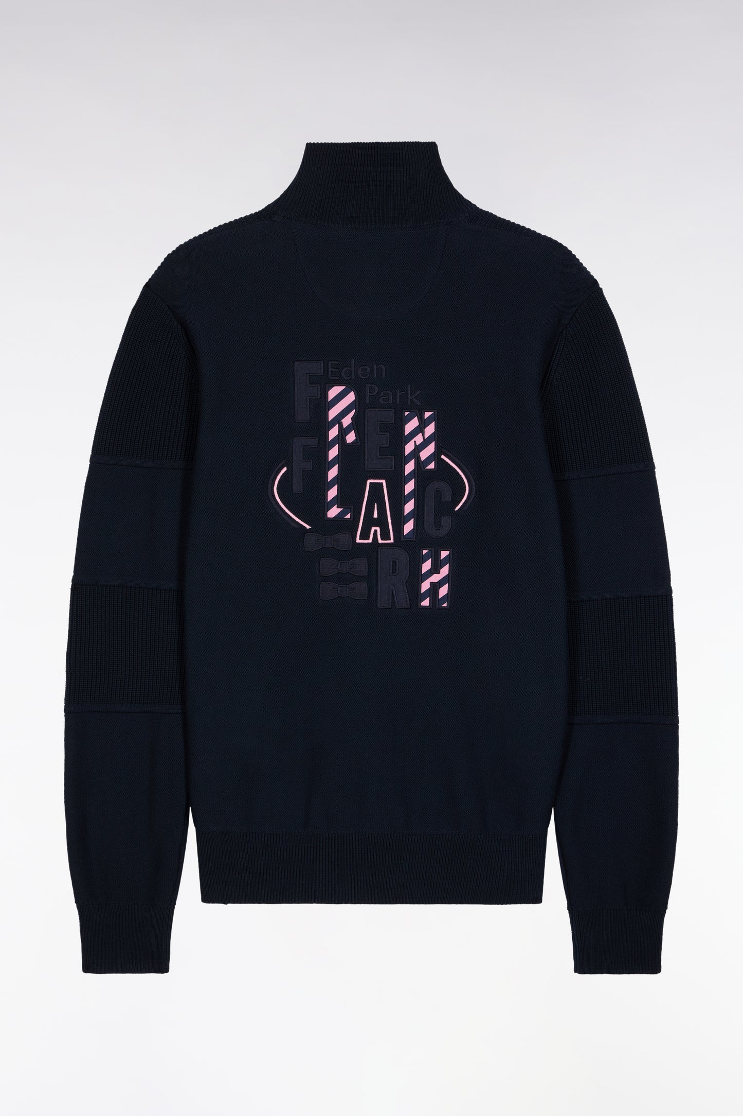 Zipped cardigan in navy cotton with pink back embroidery