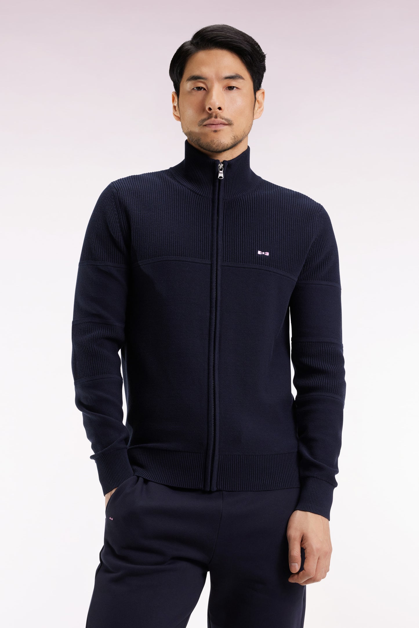 Zipped cardigan in navy cotton with sky back embroidery