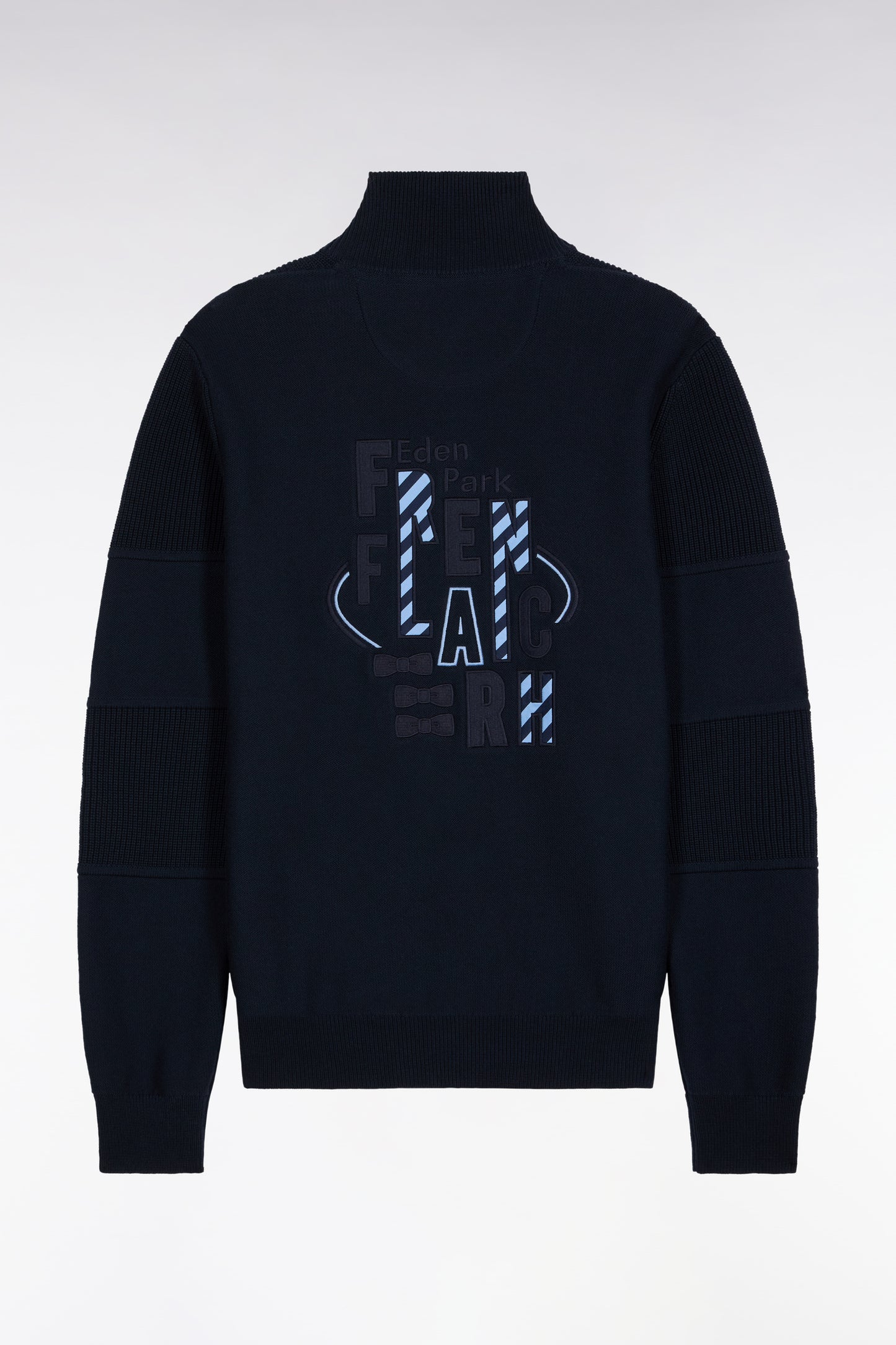 Zipped cardigan in navy cotton with sky back embroidery