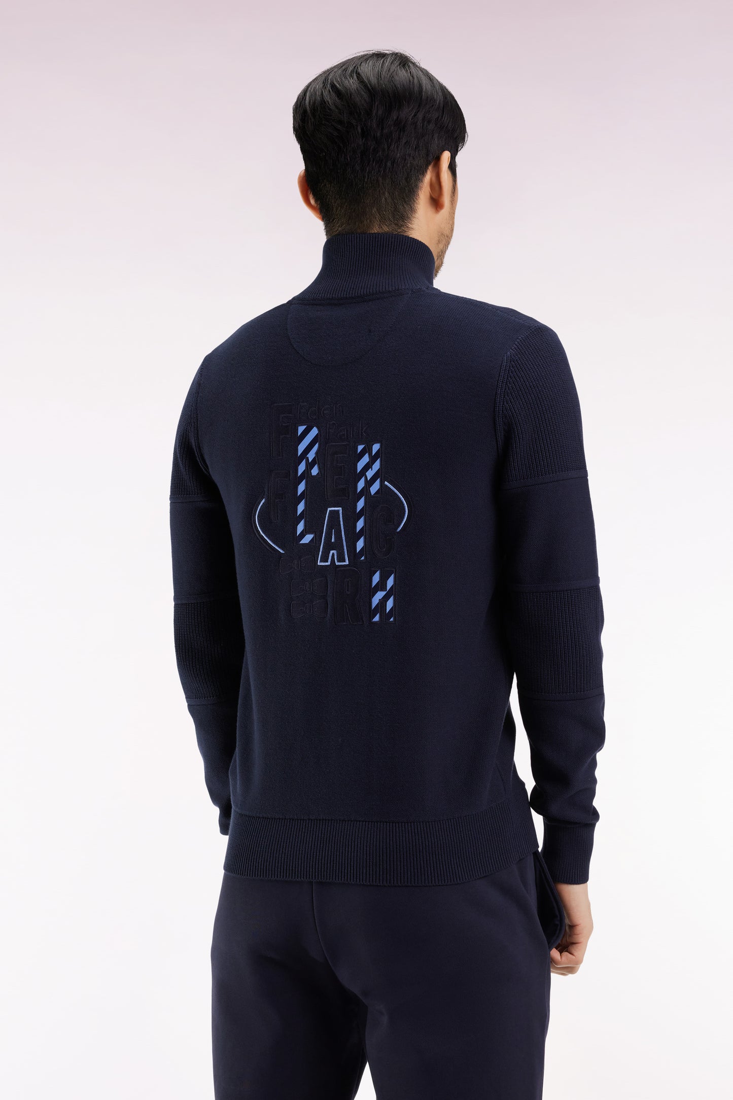 Zipped cardigan in navy cotton with sky back embroidery