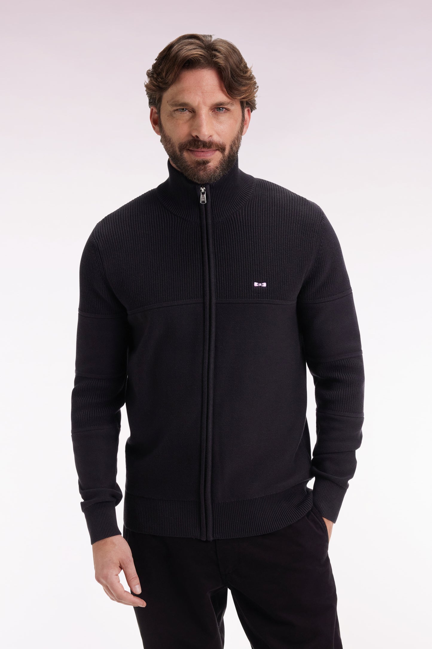 Zipped cardigan in black cotton with back embroidery