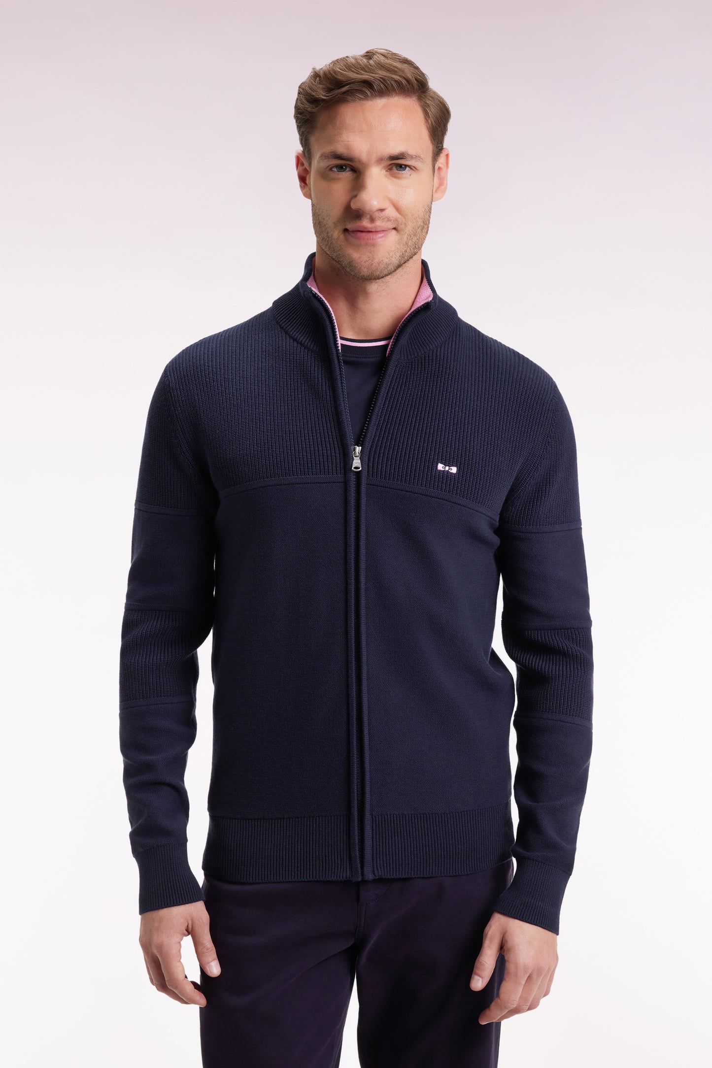Zipped cardigan in navy cotton with pink back embroidery