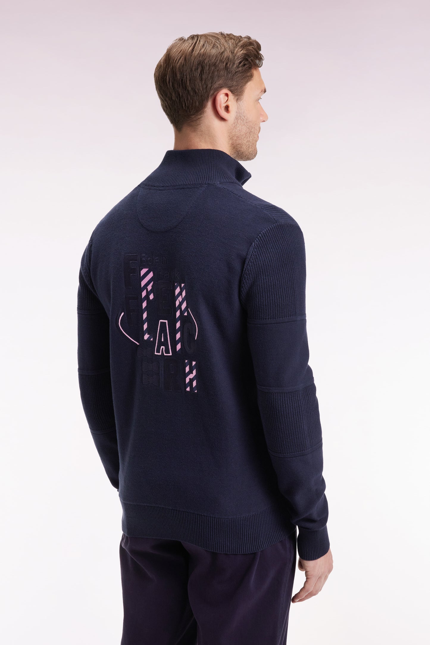 Zipped cardigan in navy cotton with pink back embroidery