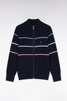 Zipped cardigan in navy cotton with three-tone embroidery